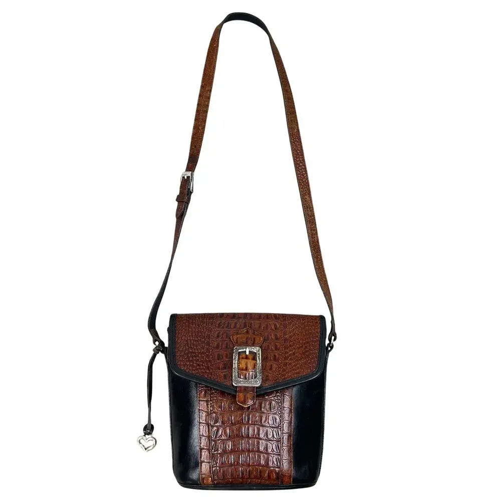 Vintage Brighton Black Leather Croc Embossed Buckle Crossbody Purse Bucket Bag